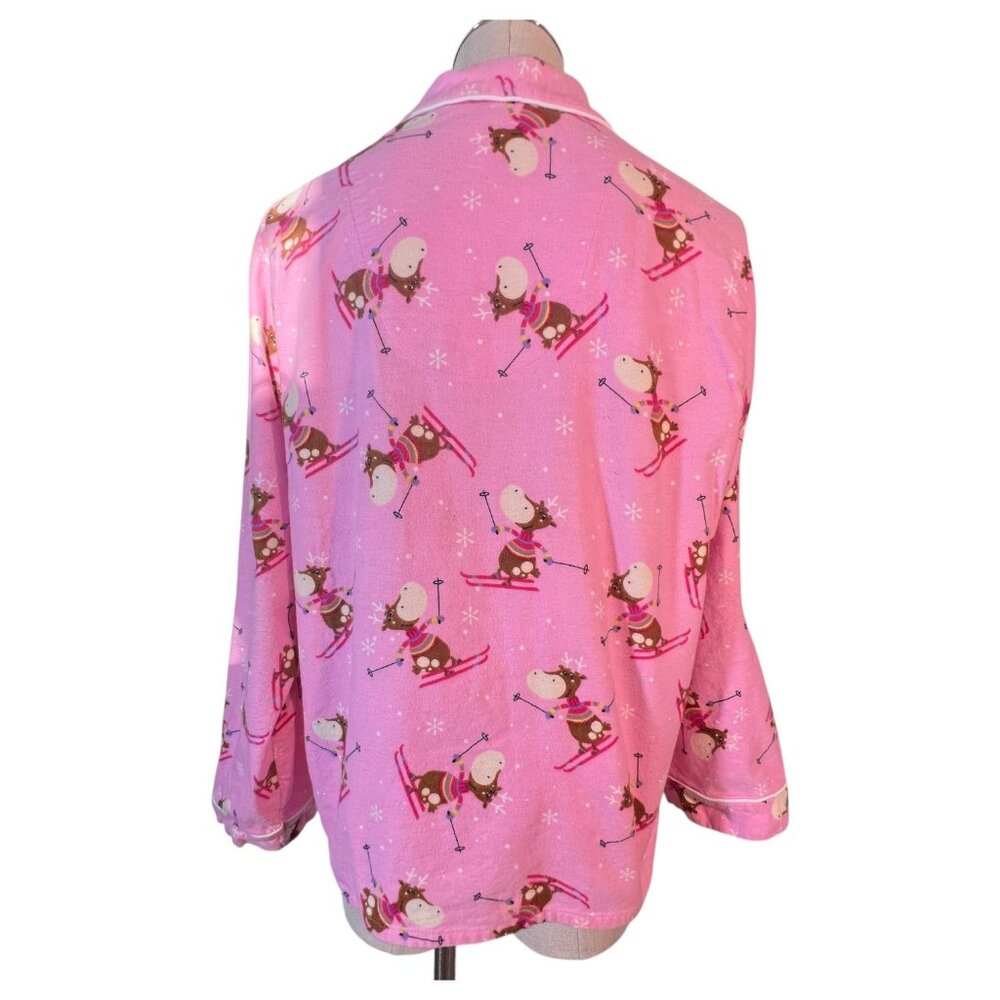 Womens Pink Skiing Moose Pajama Set Cotton Flannel By Character Size Large - Picture 4 of 11